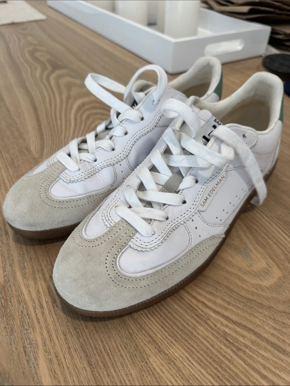 Sam Edelman women’s White & Light Gray Suede-Trim Sneakers- only worn once!